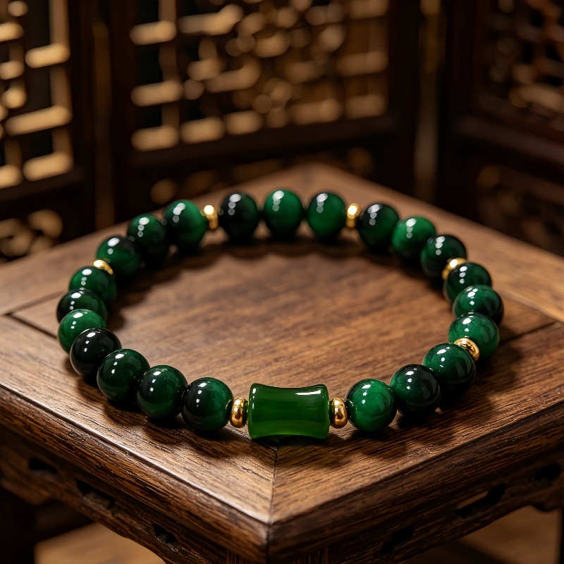 Women's Dark Green Chalcedony Beaded Bracelet, Vintage Elegance